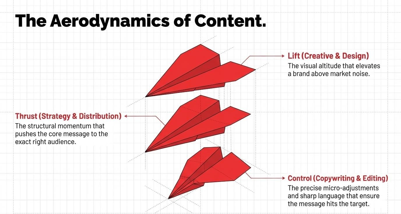 The Aerodynamics of Content: Lift, Thrust and Control labelled on three red paper planes