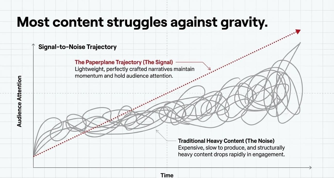 Signal-to-noise trajectory: audience attention over time, the paperplane trajectory rising above tangled traditional content
