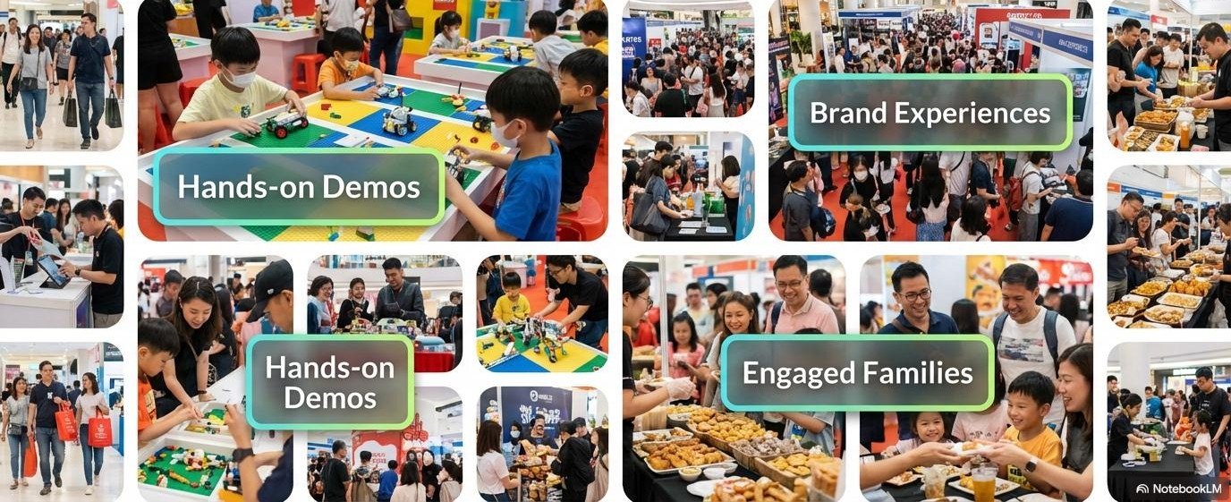 Families at hands-on demos and brand experiences in the mall