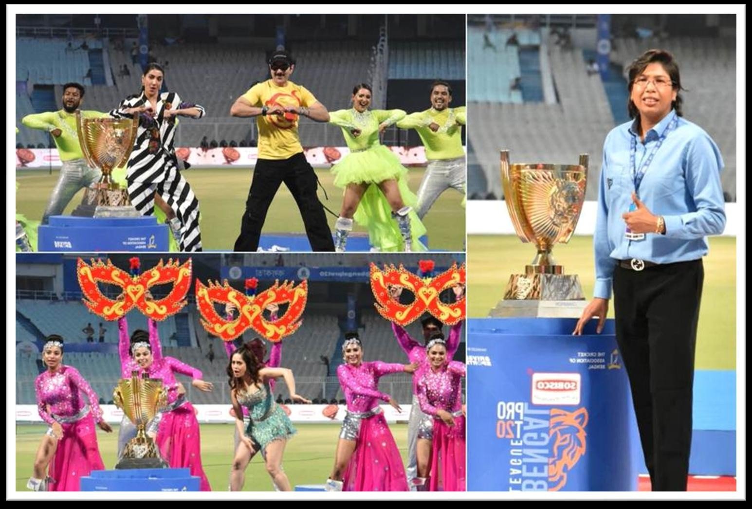 Dancers and the trophy at the Bengal Pro T20 League closing ceremony