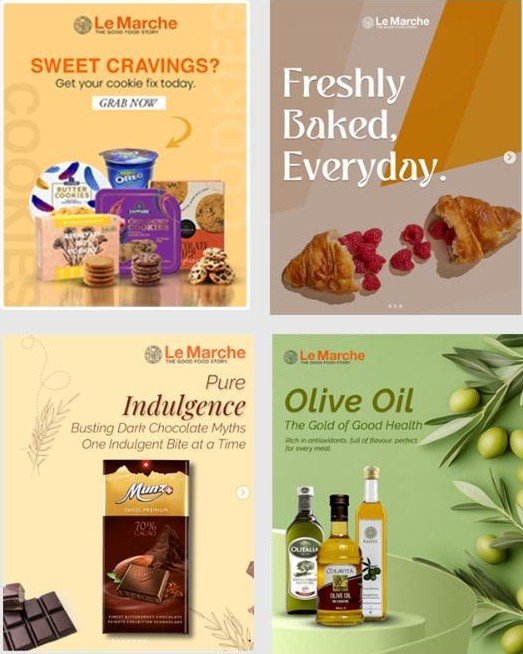 Four Le Marche posts: Sweet Cravings, Freshly Baked Everyday, Pure Indulgence, Olive Oil