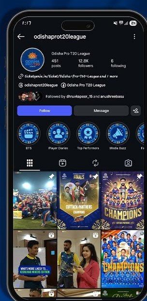 The @odishaprot20league Instagram profile on a phone
