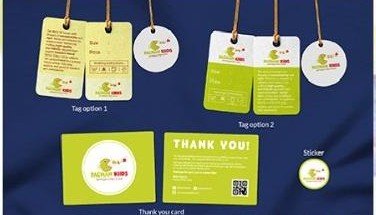Swing tags, sticker and thank-you card