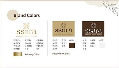 Ssara brand colours: gold primary with bronze and white secondary