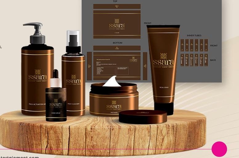 The Ssara skincare range in bronze packaging on a wooden block